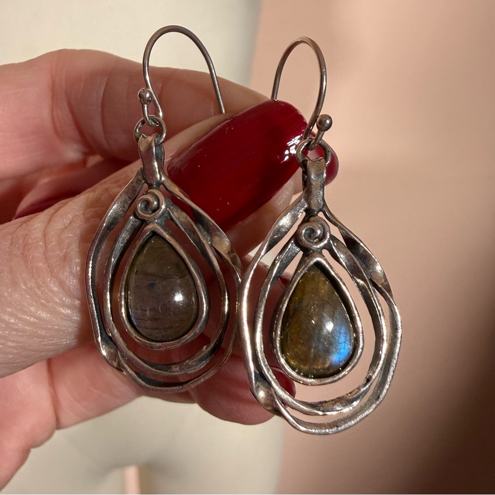 Vintage Sterling silver Israel labradorite brutalist modernist designer earrings - Picture 10 of 14
